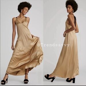 Anthropologie Magali Pascal Silk Open Back Maxi Dress Gold Tie Back Large NWT